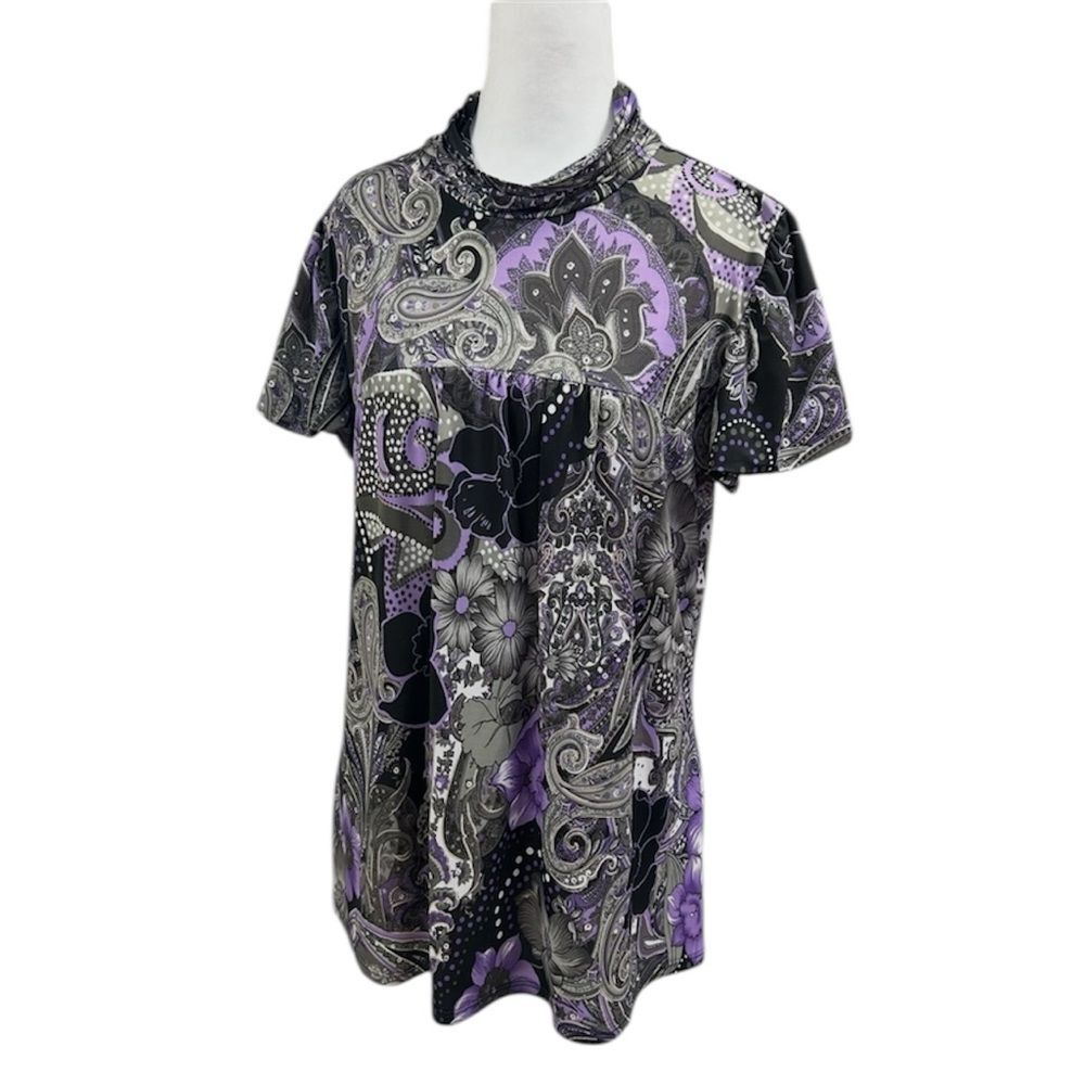 Dressbarn Paisley Dark Floral Bubble Sleeve Babydoll Y2K High Neck Blouse Sz XL